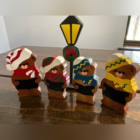 Unique Vintage Other - Vintage Lot of 4 Wooden Christmas Teddy Bear Carolers Lamp Post